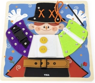 VIGA fa manipulációs (montessori) tábla – bűvész: cipzárak, gombok és csatok