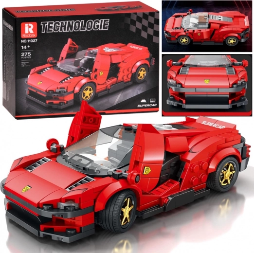Technikai építőkészlet – futurisztikus piros szuperautó felnyíló ajtókkal, 275 darab