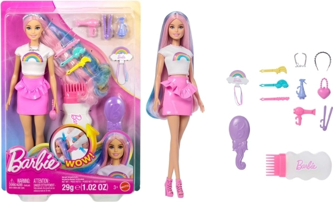 Barbie baba szivárványos hajjal és csillámos hajformázással