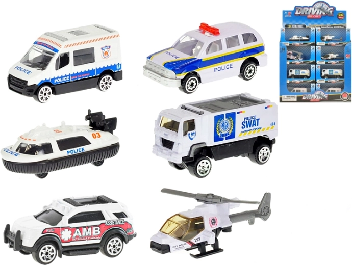 1:64 méretarányú fém rendőrségi járműkészlet – 24 db