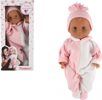 HAMIRO baba 40 cm, merev testtel, fehér-rózsaszín overálban és rózsaszín sapkában