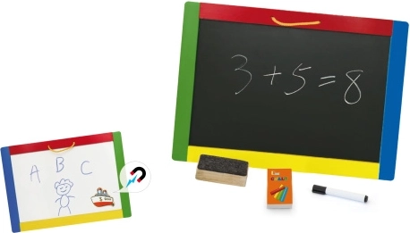 Kétoldalas mágneses fa tábla 42 × 30 cm krétákkal és filctollal
