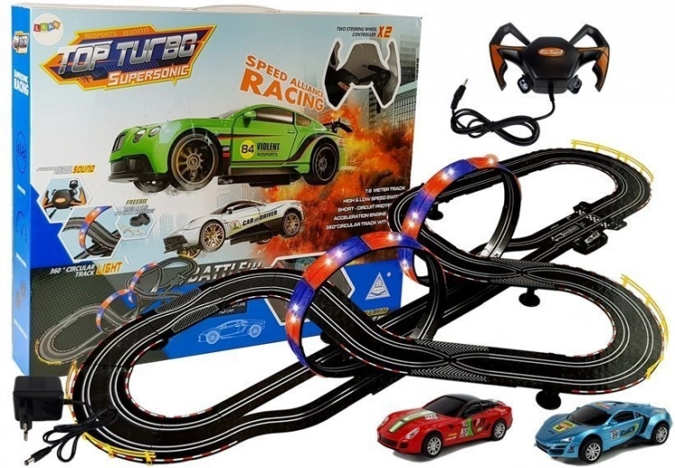 1:43 méretarányú versenypálya 2 Top Turbo autóval, világítással, 7,6 m hossz