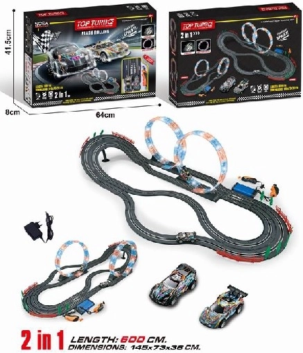 2 az 1-ben versenyautópálya loopolással, 2 autó, 600 cm, 1:43