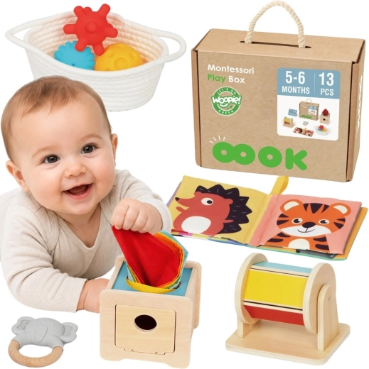 Woopie Green Montessori érzékelő doboz 6 az 1-ben, 5–6 hónapos gyermekeknek – 13 db
