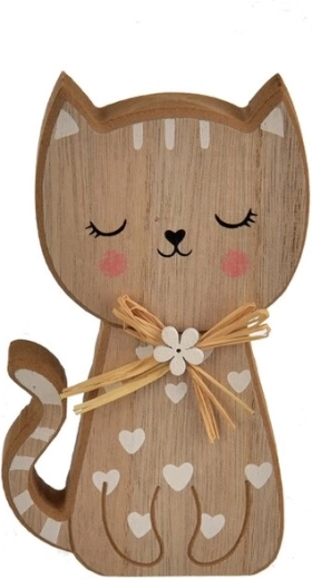 Fa dekoráció – cica szívecskékkel, barna-fehér, 15 cm