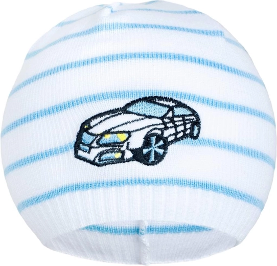 New Baby tavaszi sapka autós mintával, fehér-kék, 104-es méret (3–4 év)