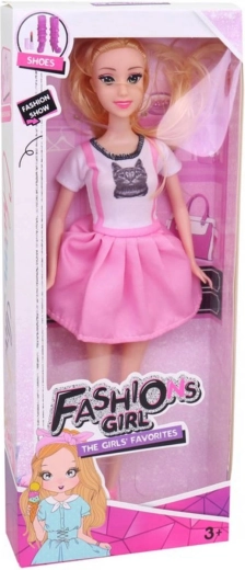 Fashion baba 29 cm rózsaszín nyári ruhában cicás mintával