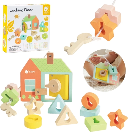 Classic World Montessori fa felfűzhető kulcsok és ajtók 11 db