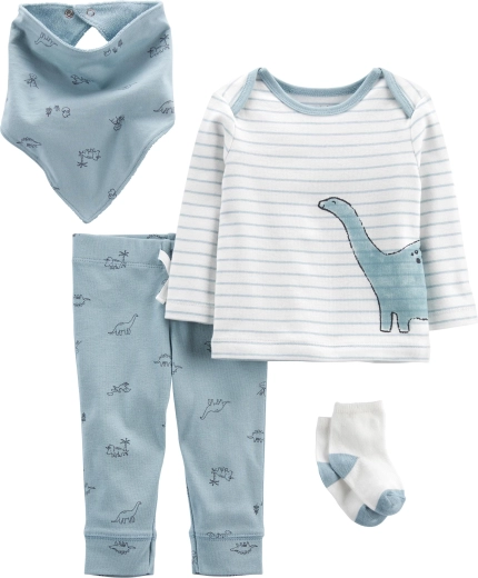 Carter's 4 részes szett fiúknak Blue Dino – hosszú ujjú póló, nadrág, zokni és előke