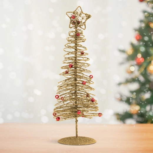 Csillogó aranyszínű fém karácsonyfa, 28 cm