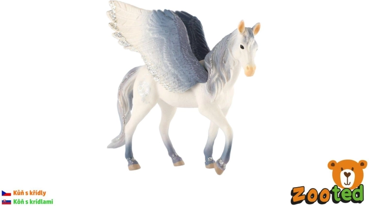 Zooted fehér és szürke szárnyas Pegazus ló, 14 cm