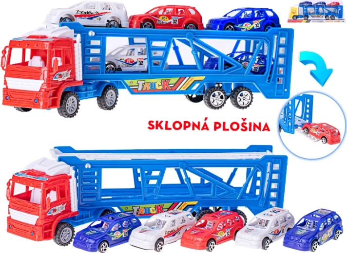 Teherautó-szállító lendkerekes meghajtással 38 cm, 5 kisautóval