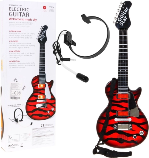 Gyermek elektromos gitár fejhallgatóval és mikrofonnal – Piros