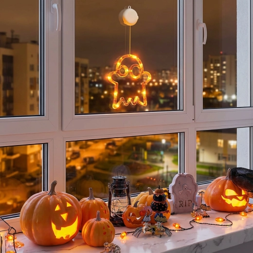 Világító halloweeni szellemdekoráció tapadókoronggal és 12 LED-del