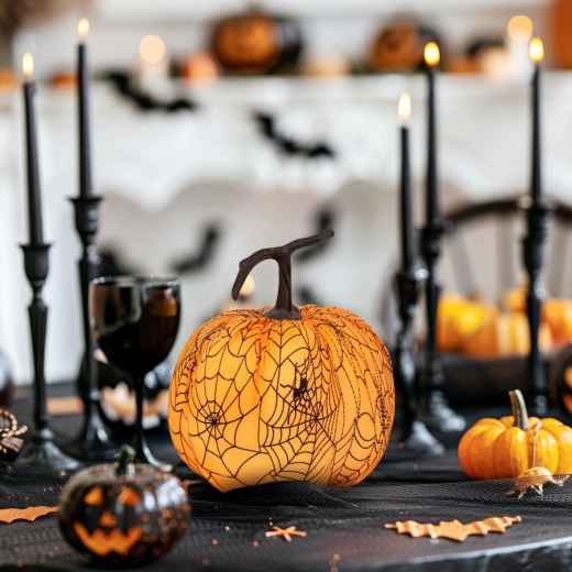Halloween dekorációs tök pókhálóval, 16,5 cm