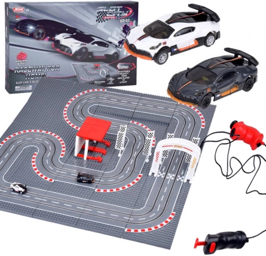 BUGATTI versenypálya építőkockákból, 2 autóval és kézi vezérlőkkel