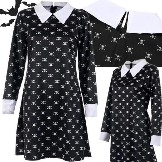 Gyerek Wednesday Addams jelmez – fekete ruha koponyákkal és fehér gallérral (115–125 cm)