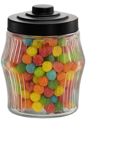 2 l-es kerek üveg csíkokkal, fém fedővel