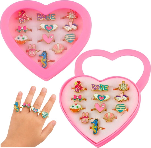Gyermek állítható gyűrűk szettje szívecske alakú tokban, 12 db