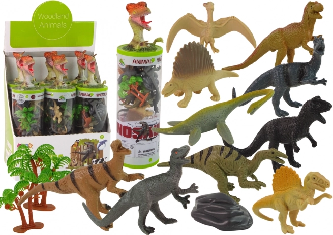 Dinoszaurusz figurák készlete tubusban kiegészítőkkel – 12 db
