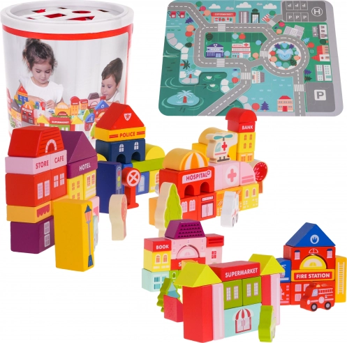 Fából Készült Kockák Város Gyerekeknek 3+ Puzzle Alaplap és Alakválogató