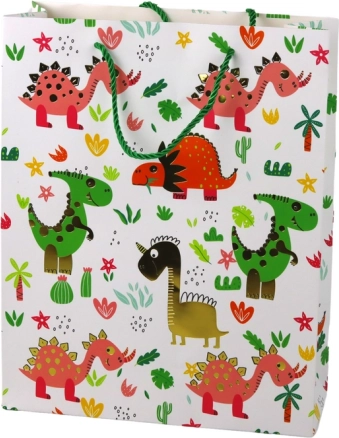Papír ajándéktáska színes dinoszauruszokkal és pálmákkal 32 × 26 × 10 cm