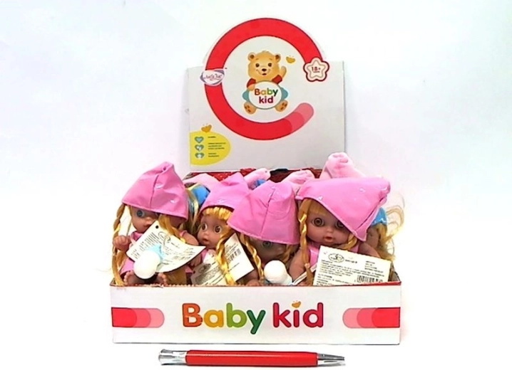 Mini baba hanggal, színes sapkában, 13 cm