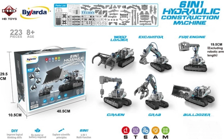 6 az 1-ben építőkészlet munkagépekhez vízhidraulikus meghajtással, 223 alkatrész, 8+ éveseknek