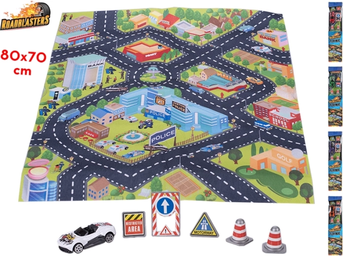 Roadblasters közlekedési szőnyeg 80 × 70 cm kisautóval és közlekedési táblákkal