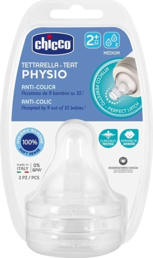 Chicco szilikon cumiüveg-cumi, közepes átfolyás 2hó+, 2 db