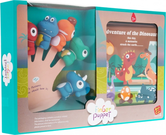 5 db gumis dinoszaurusz ujjbáb puha könyvvel, 3+, vízálló