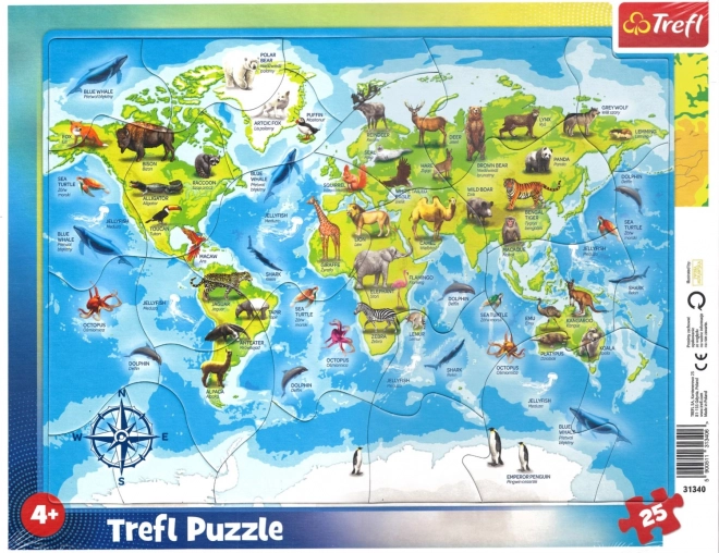 TREFL Puzzle Világtérkép állatokkal 25 darab