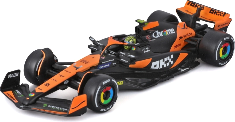 Fém Bburago modell 1:43 McLaren MCL38 2024 #4 Lando Norris pilótával bemutató dobozban