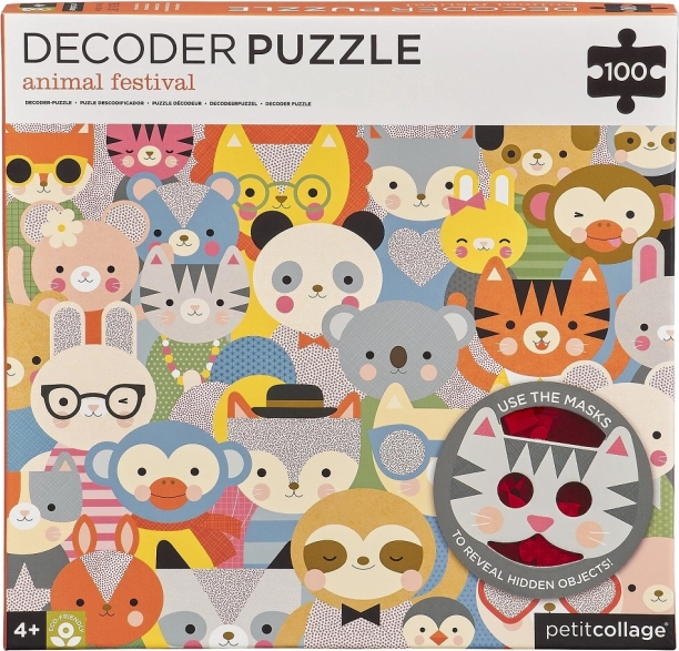 Petit Collage dekódoló puzzle Állatfesztivál 3D szemüveggel, 100 darab