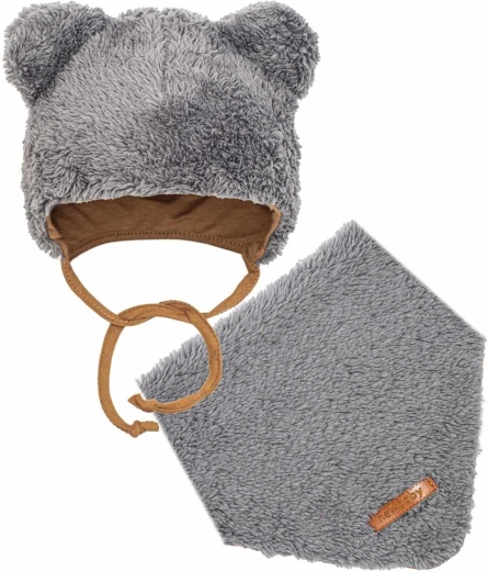 New Baby Teddy Bear szürke téli baba sapka és kendő szett