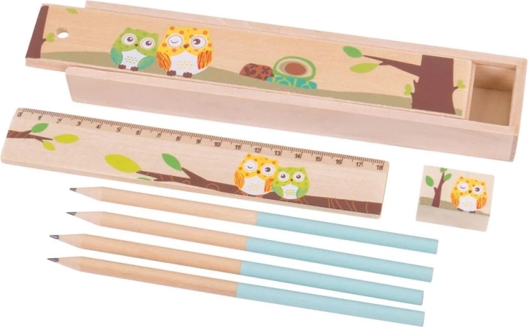 Bigjigs Toys bagoly mintás fa tolltartó – kék