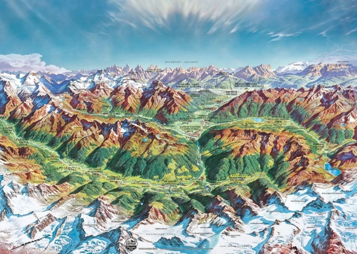 Heye puzzle Map Art: Hegyi világ az Alpokban 2000 darab