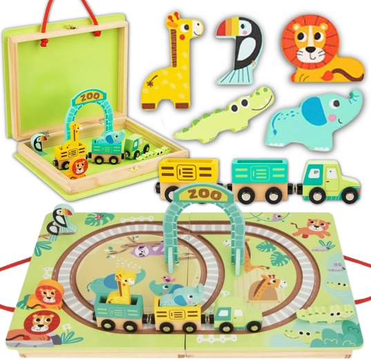 Tooky Toy fa vasúti készlet ZOO bőröndben mágneses vagonokkal
