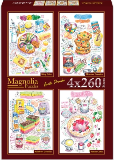 Magnolia puzzle kuglóf, szörnyes kekszek, szivárványos kekszek és panna cotta 4×260 darab