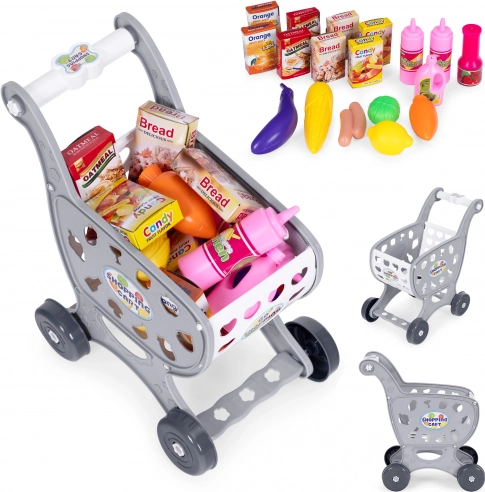 Szürke gyerek bevásárlókocsi szupermarketes vagy konyhai játékhoz + 18 kiegészítő