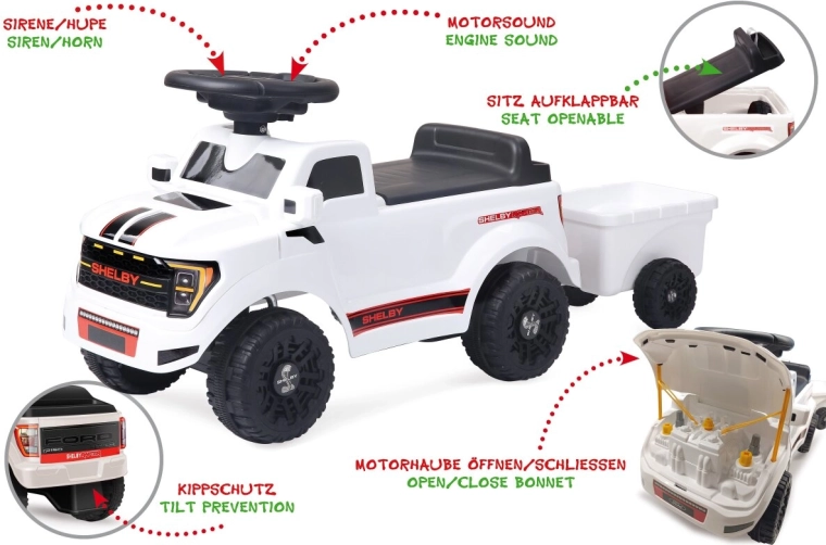 JAMARA Shelby Ford F-150 Raptor fehér gyermek lábbal hajtós jármű utánfutóval