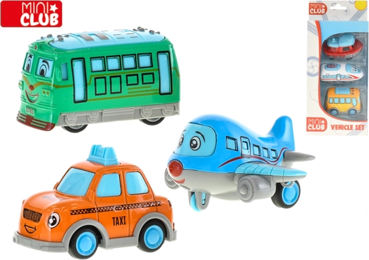 Mini Club vidám járművek készlet 7 cm – fém visszahúzós kisautók, 3 db