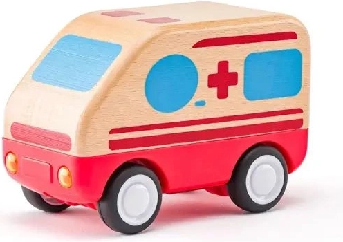 Woody fa mentőautó lendkerékkel, fénnyel és hanggal