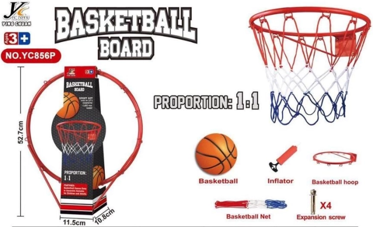 Fém kosárlabdagyűrű 1:1 hálóval, labdával és pumpával