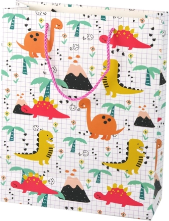 Ajándéktáska dinoszauruszokkal, kockás minta, 32 × 26 × 10 cm