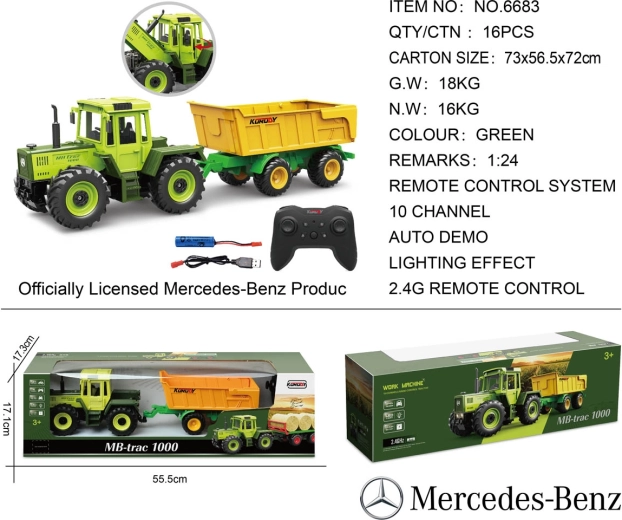 Távirányítású zöld Mercedes-Benz traktor sárga pótkocsival, 1:24