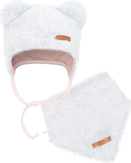Téli csecsemősapka kendővel New Baby Teddy bear szürke-rózsaszín