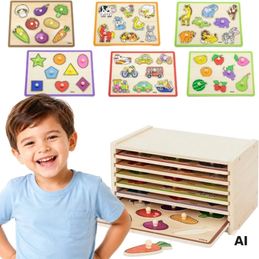 VIGA fa berakós puzzle fogantyúkkal és állvánnyal (6 tábla)