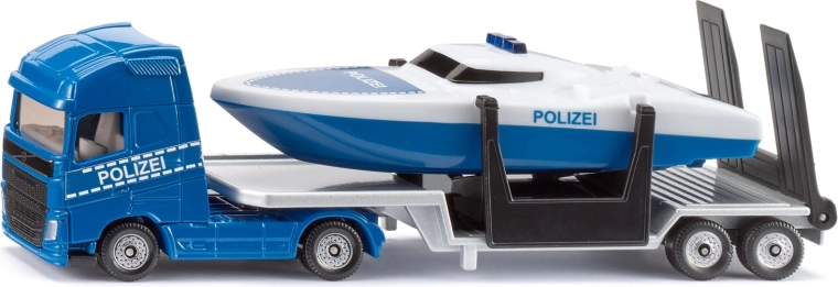 Siku Super Volvo nyergesvontató pótkocsival és rendőrségi csónakkal (1:87)